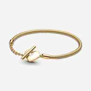 Bracelet Maille Serpent Barre en T Cœur Pandora Moments Métal doré à l’Or fin 585