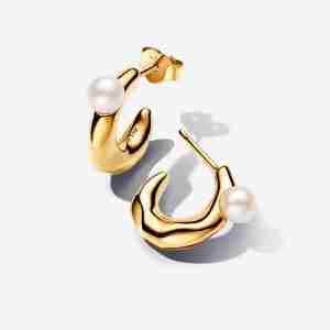 Boucles d'Oreilles Créoles de Forme Organique et Perle de Culture