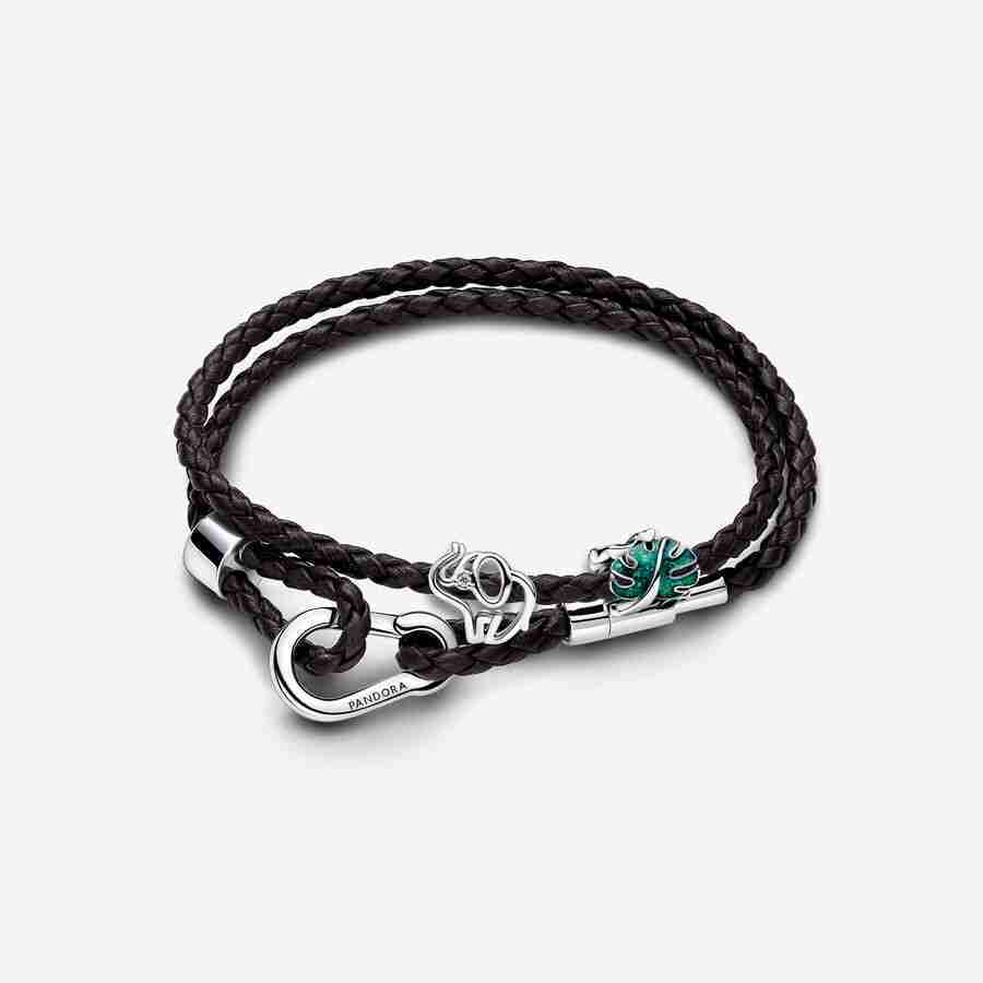 Bracelet Composé en Cuir Monstera Vert & Éléphant Ajouré Bracelet Compose en Cuir Monstera Vert Elephant Ajoure